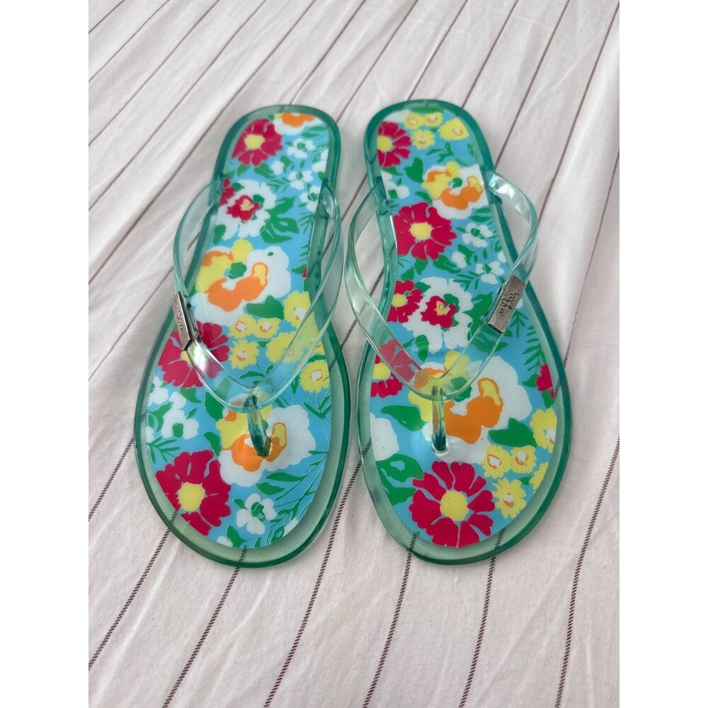 Lilly Pulitzer Flip Flops Thongs Jelly Sandals Teal Blue Pink Floral Women's 8